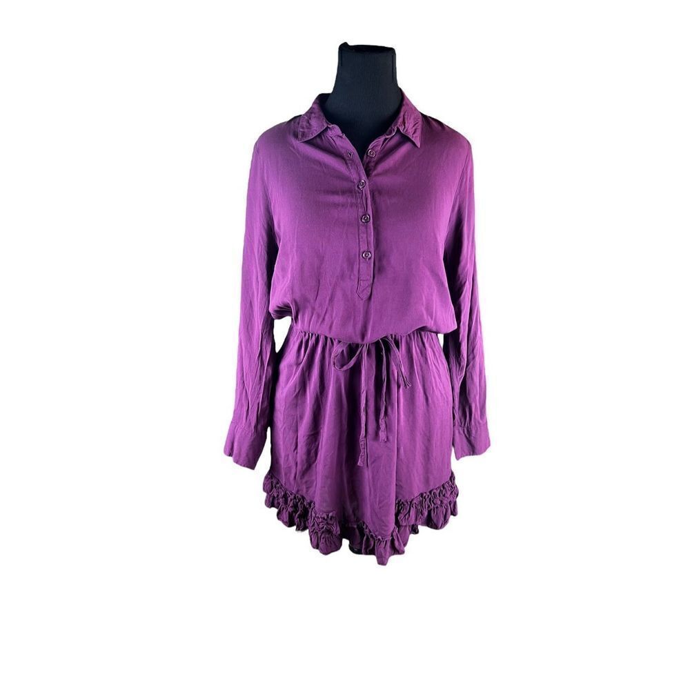 Logo lori Goldstein purple drawstring waist long sleeve ruffle trim dress M